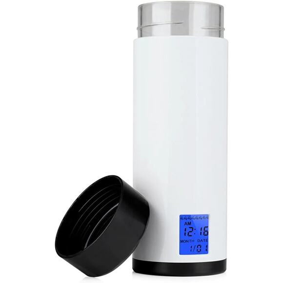 Pyrus VShow 8Time Digital Clock Water Bottle 320mL White Body Black Top AAA - Picture 1 of 10